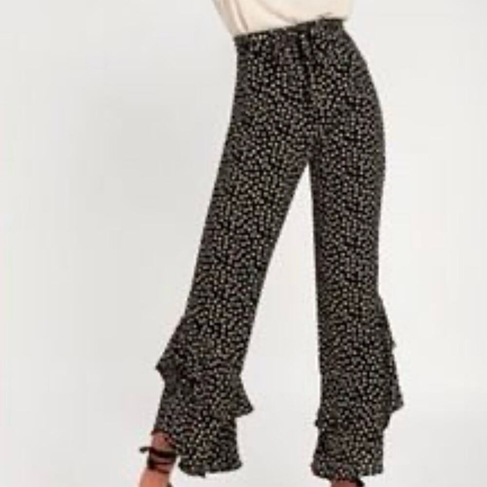 Lucy Love Black Pants, White & Orange Floral Print, Double Ruffle Hem, Size Lg